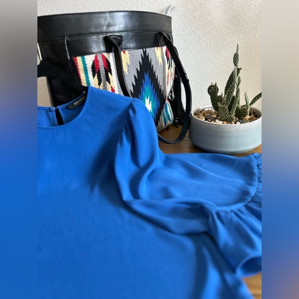 Zara Cobalt Blue Ruffle Bell Sleeve Blouse | Flowy Round Neck Top Lightweight - Picture 7 of 10